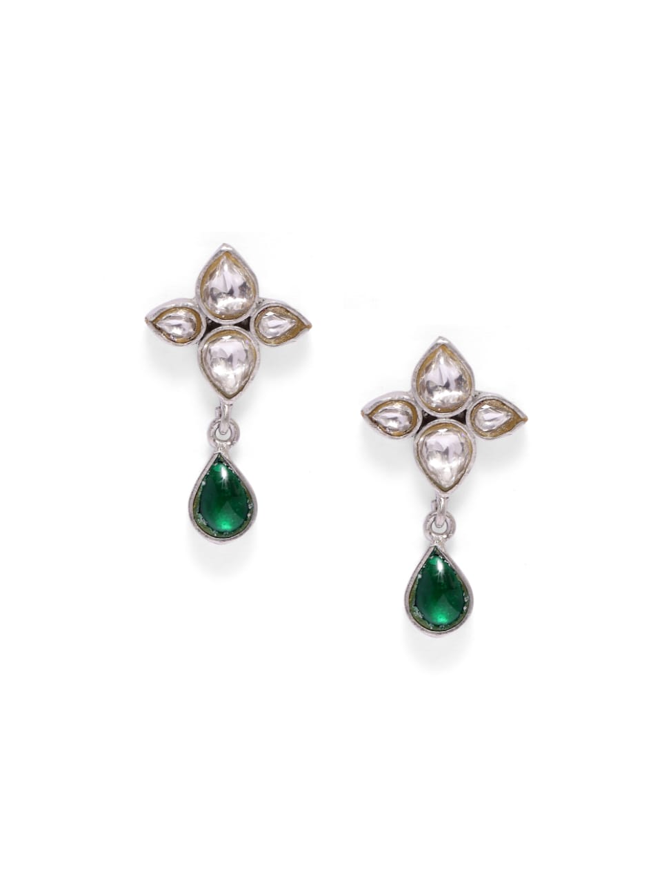 Kumud Earrings in 92.5 Sterling Silver Polki earrings with Jadau polki and green Onyx Drops.