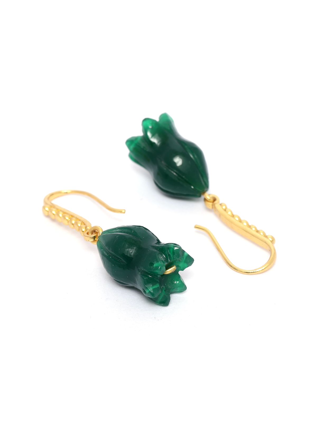 Gulband earrings in 92.5 Sterling Silver dipped in 18kt Gold plating, with
Green Onyx dome shaped Jhumki Earrings.