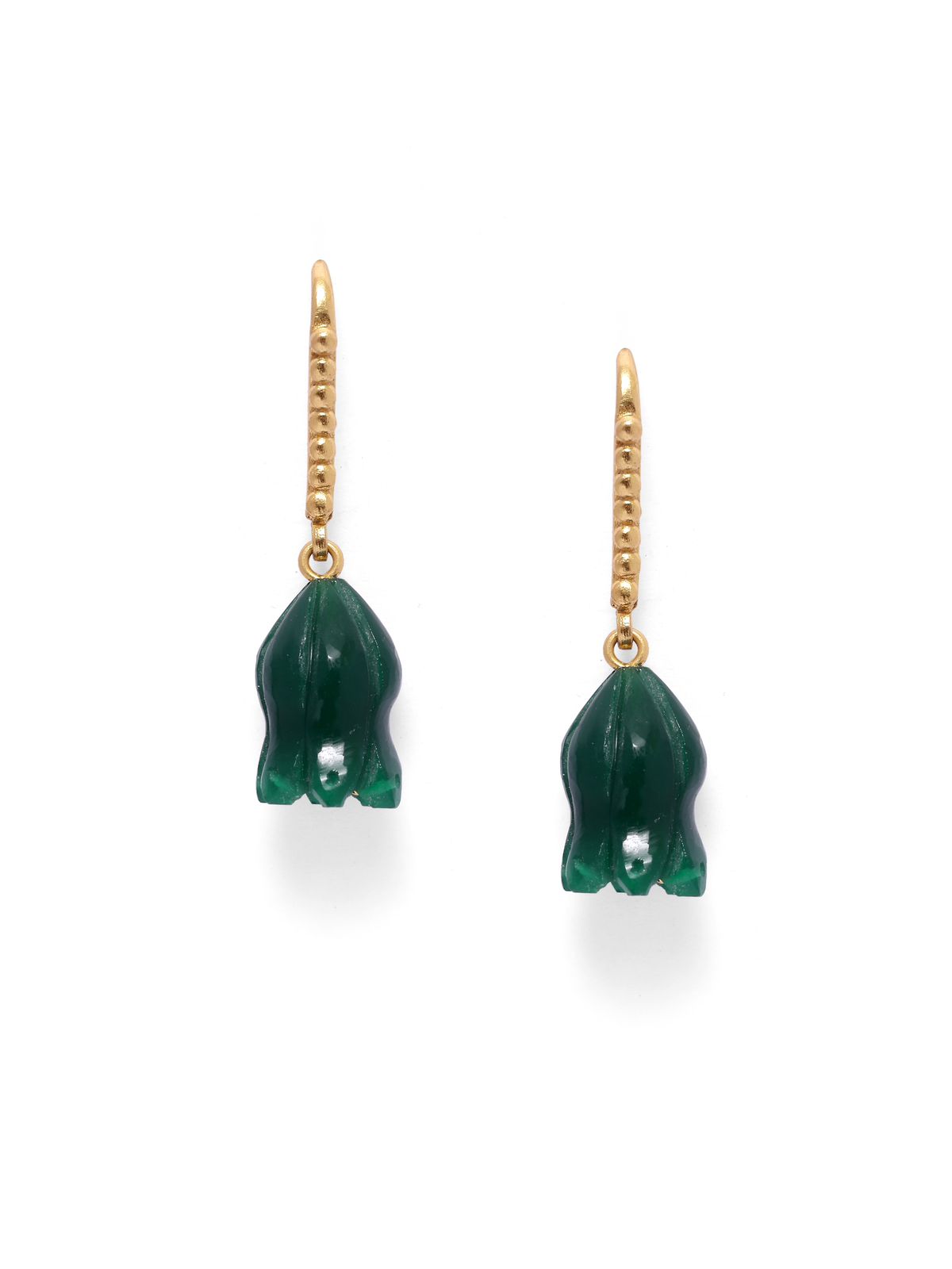 Gulband earrings in 92.5 Sterling Silver dipped in 18kt Gold plating, with
Green Onyx dome shaped Jhumki Earrings.