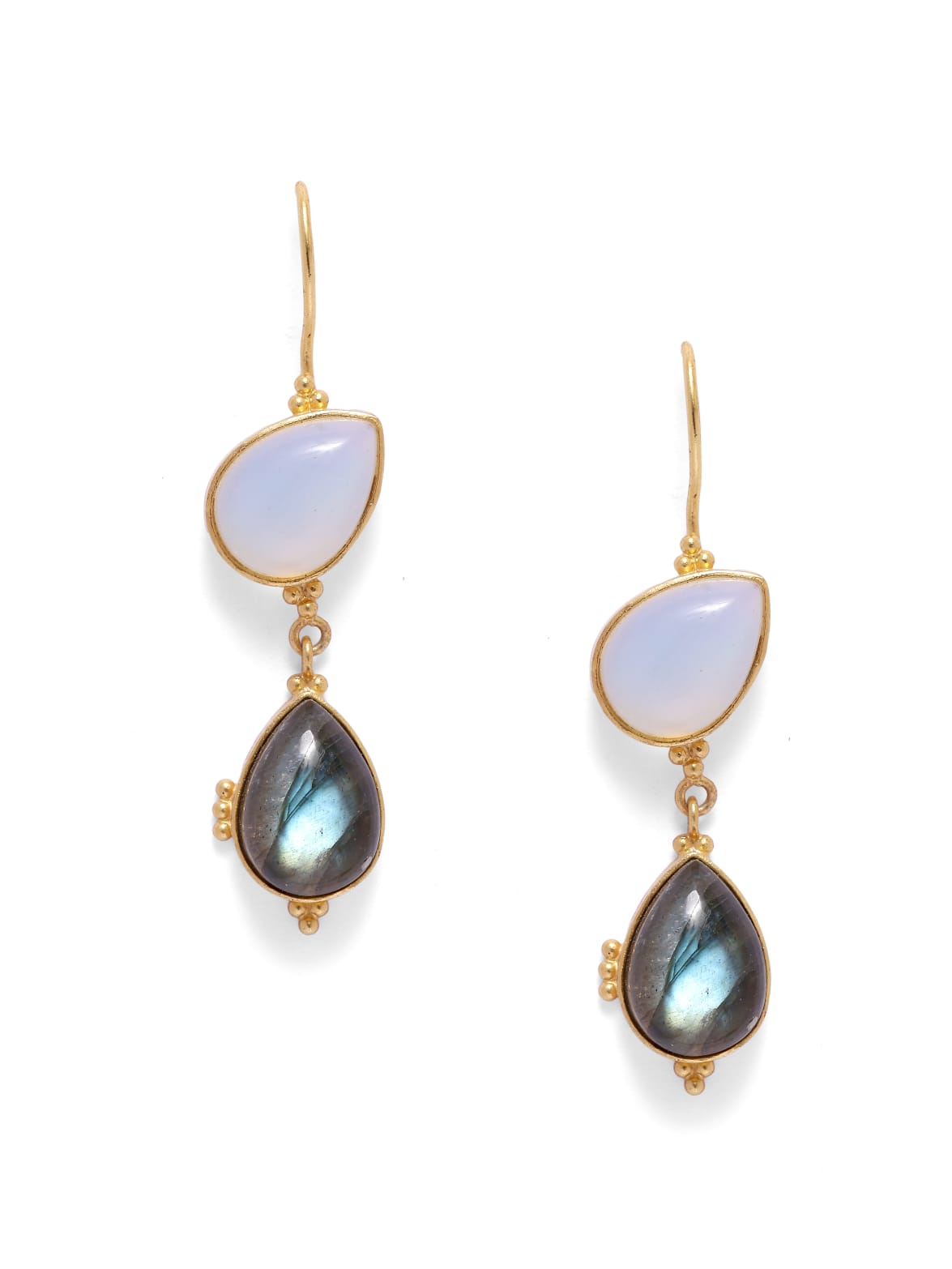 Earrings in 92.5 Sterling Silver dipped in 18kt Gold plating with Labradorite and Moonstone, Nisha earrings.
