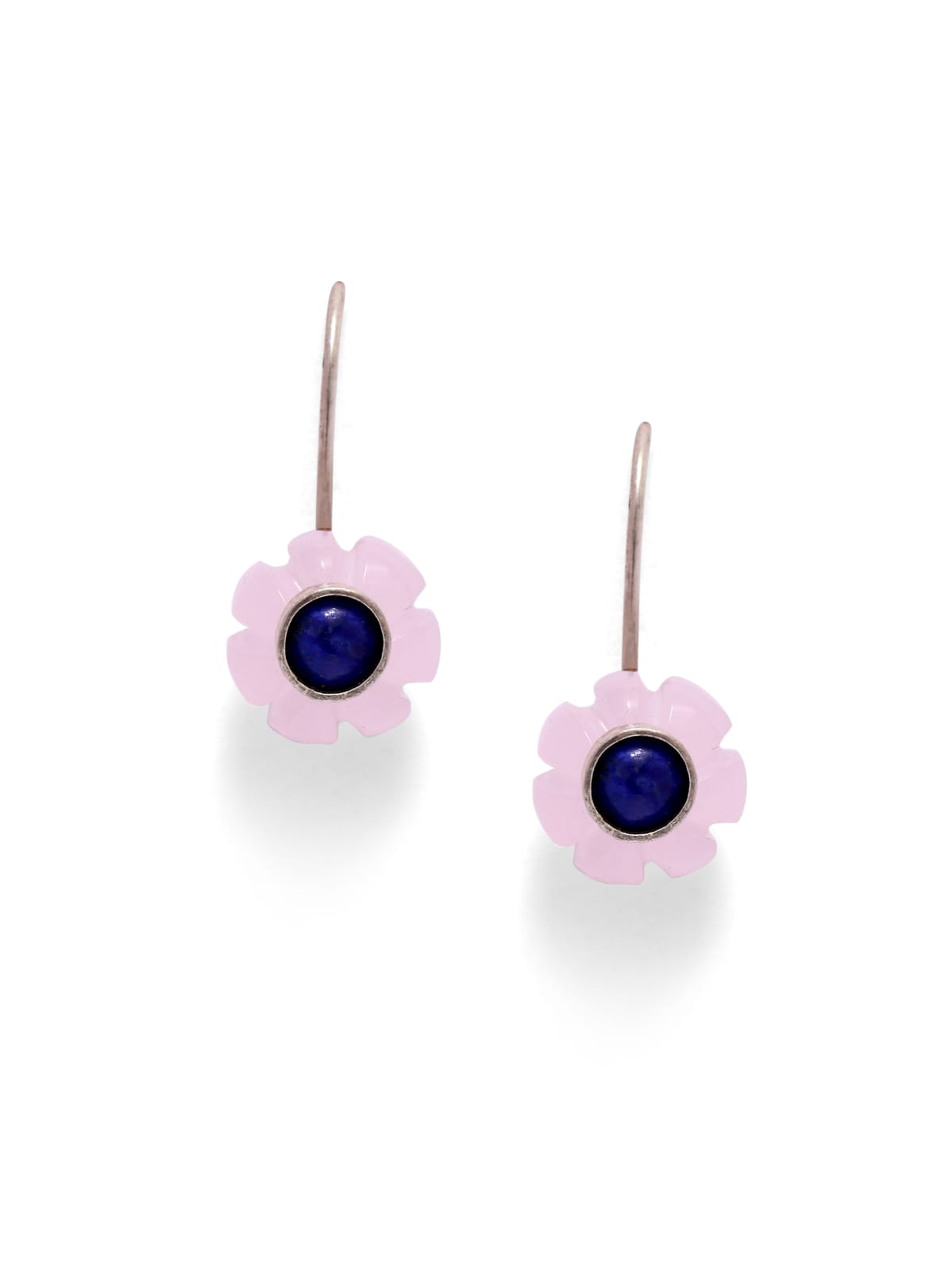 Pushpa Earrings in 92.5 Sterling Silver
carved with pink Chalcy flower in blue Enamel.