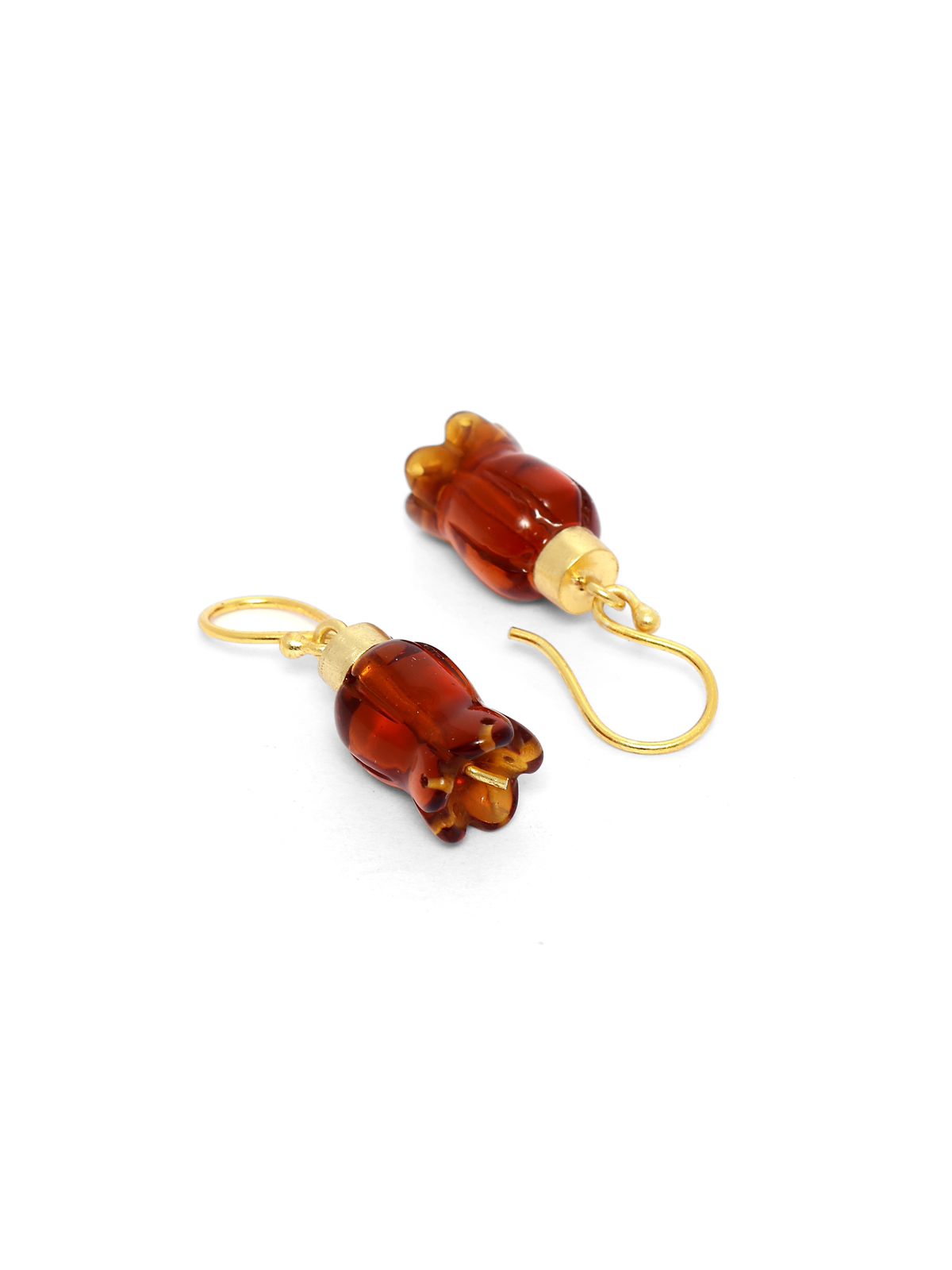 Gulukand earrings in 92.5 Sterling Silver in 18kt Gold plating with
Red Quartz dome shaped jhumki Earrings.