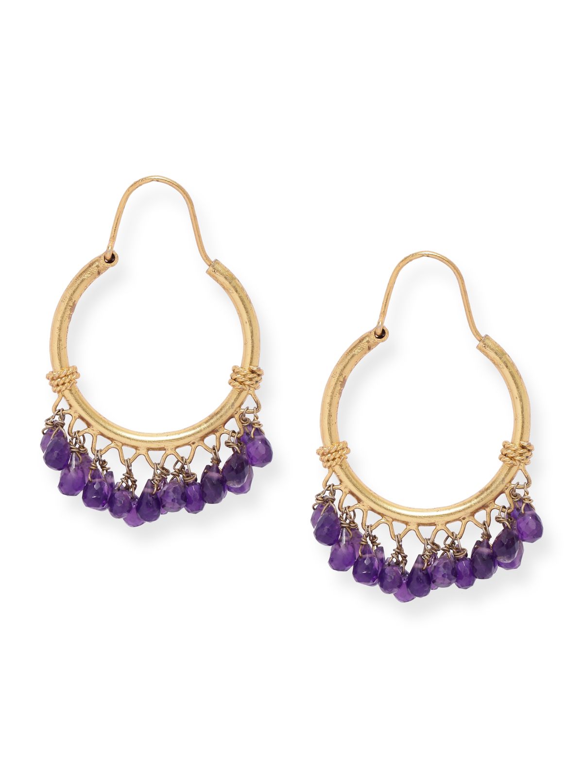 Purple hoops in 92.5 Sterling Silver with faceted Amethyst drops dipped in
1 micron gold plating.