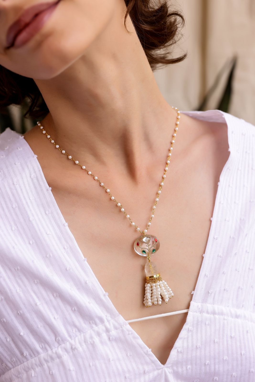 Clear quartz necklace in 92.5 Sterling Silver with Jadau work Pearls dipped in 1 micron Gold plating.