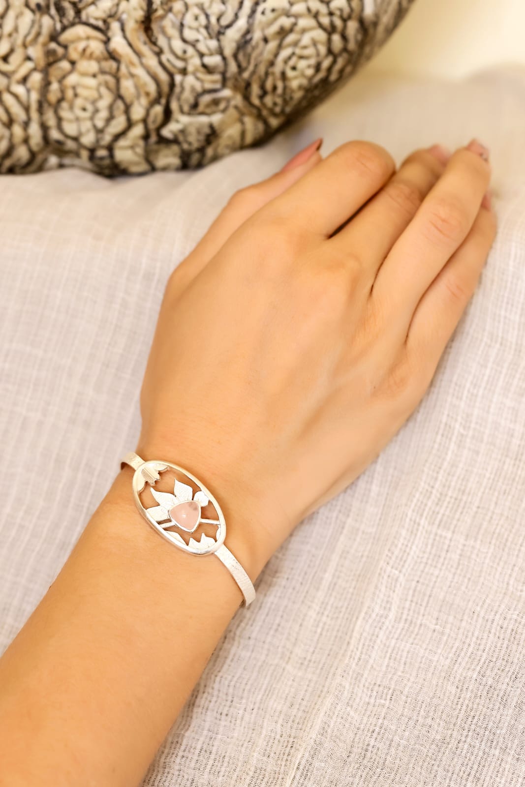 Rose Bracelet in 92.5 Sterling Silver with Rose pink Chalcy studded in a floral theme.