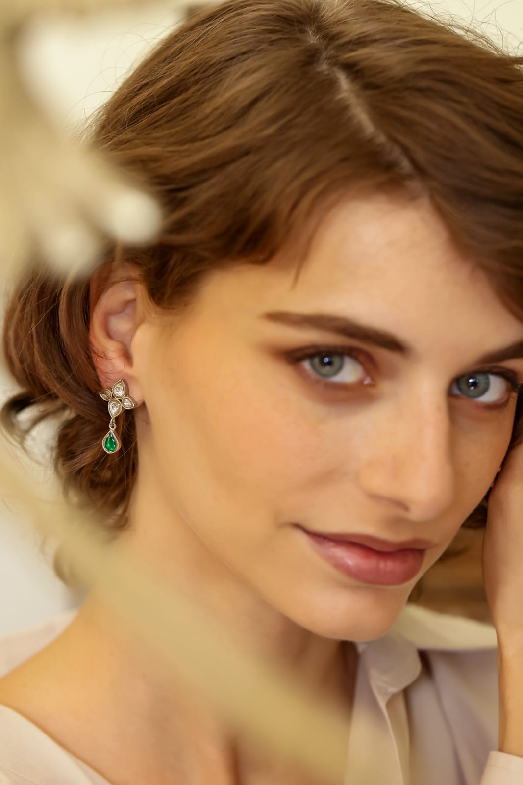 Kumud Earrings in 92.5 Sterling Silver Polki earrings with Jadau polki and green Onyx Drops.