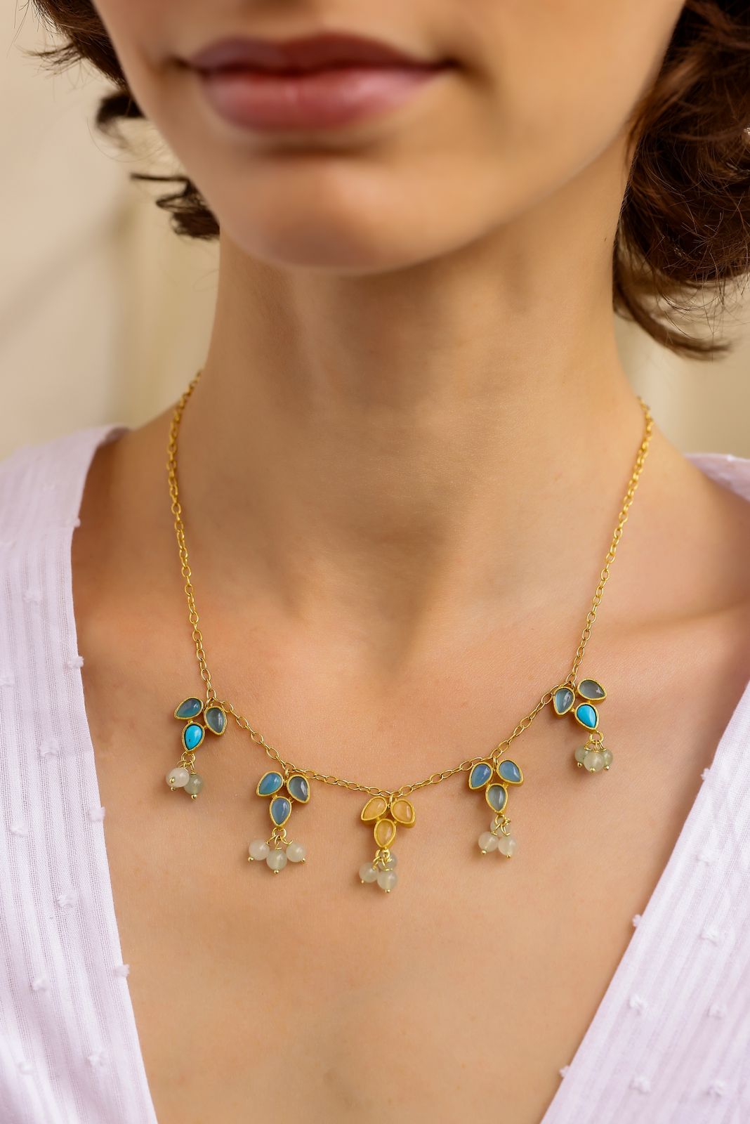 Kusum necklace in 92.5 Sterling Silver, dipped in 1 micron Gold plating with semi precious stones, and Turquoise with yellow Aventurine.