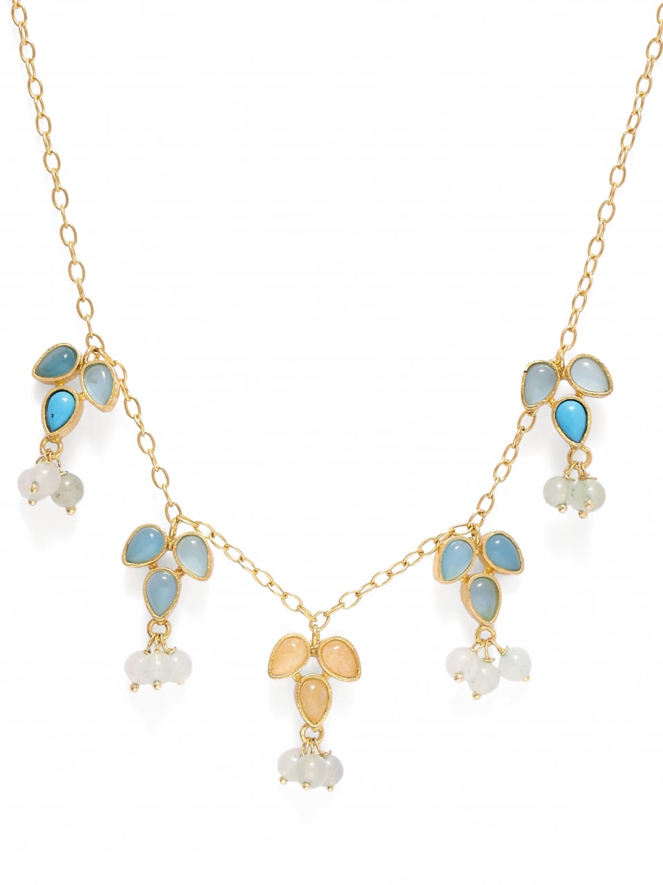 Kusum necklace in 92.5 Sterling Silver, dipped in 1 micron Gold plating with semi precious stones, and Turquoise with yellow Aventurine.