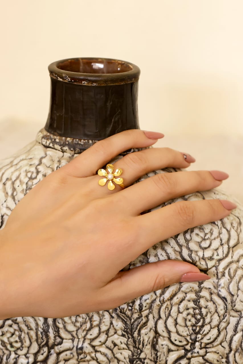 Champa Ring in 92.5 Sterling Silver dipped in 1 micron Gold plating with Pearls, Size adjustable.
