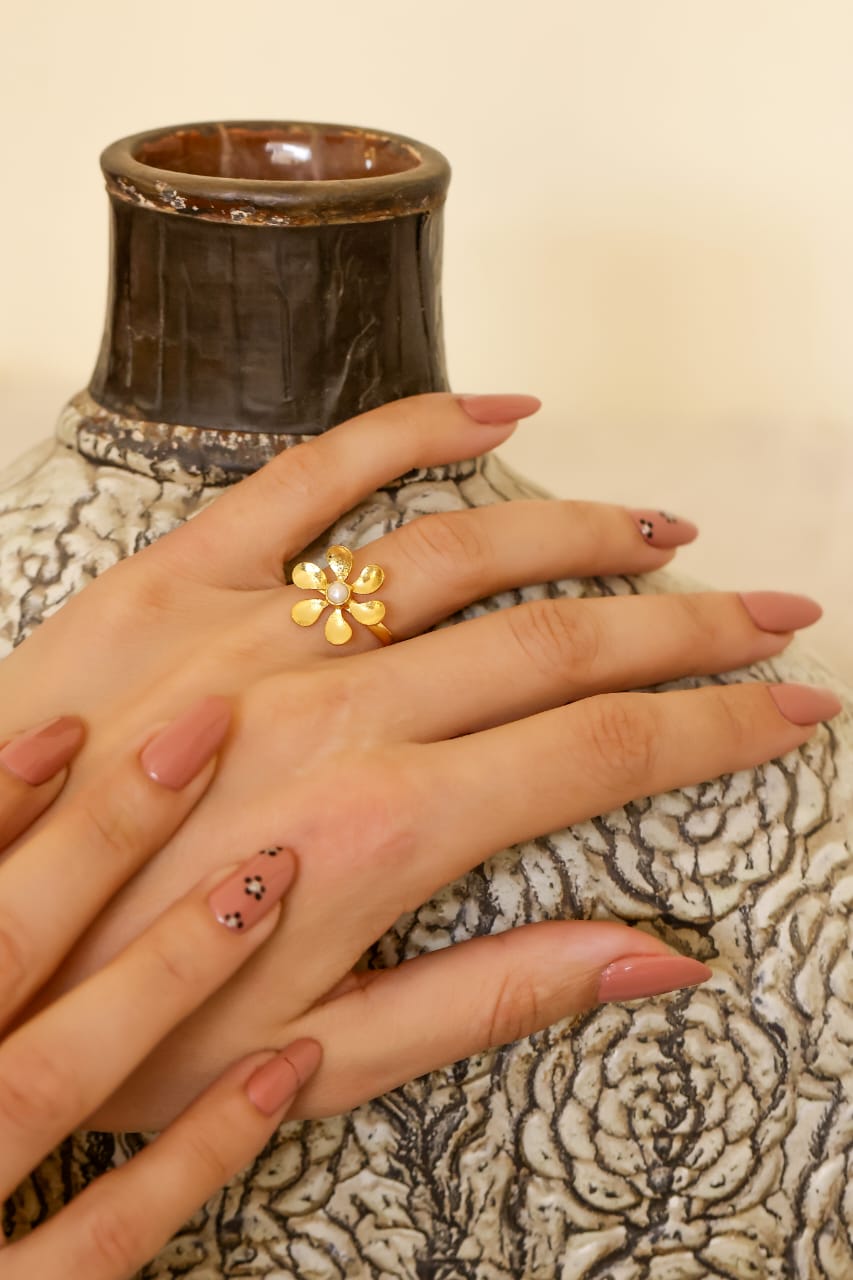 Champa Ring in 92.5 Sterling Silver dipped in 1 micron Gold plating with Pearls, Size adjustable.
