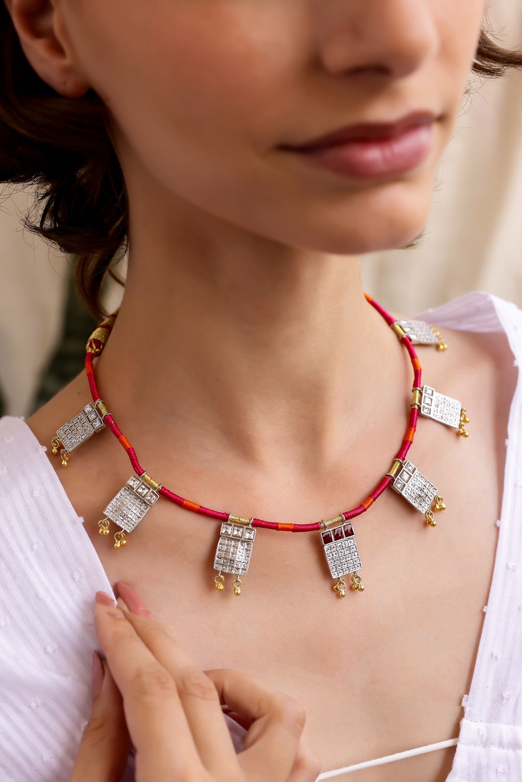 Banjara necklace in 92.5 Sterling Silver with Jadau Polki, ghunghroo with thread string.