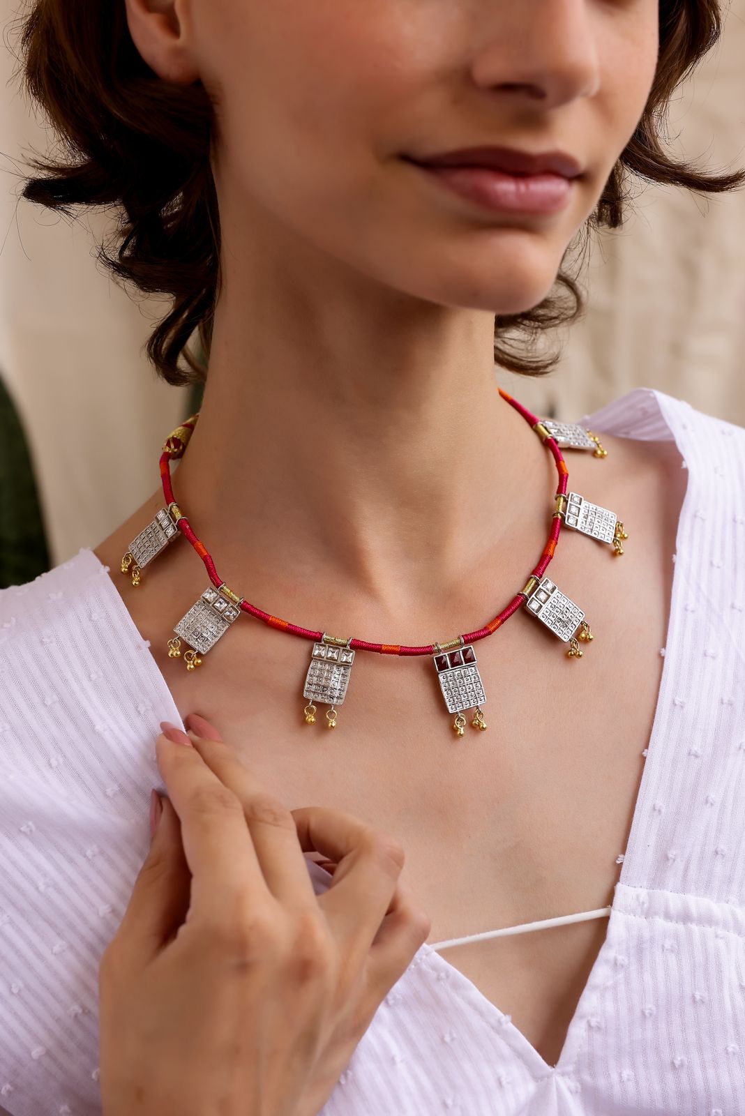 Banjara necklace in 92.5 Sterling Silver with Jadau Polki, ghunghroo with thread string.