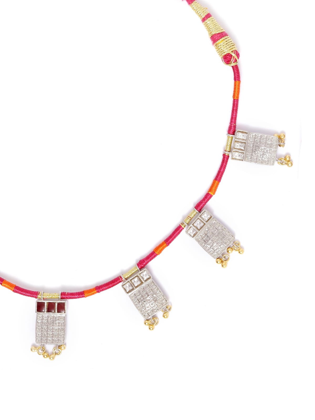 Banjara necklace in 92.5 Sterling Silver with Jadau Polki, ghunghroo with thread string.
