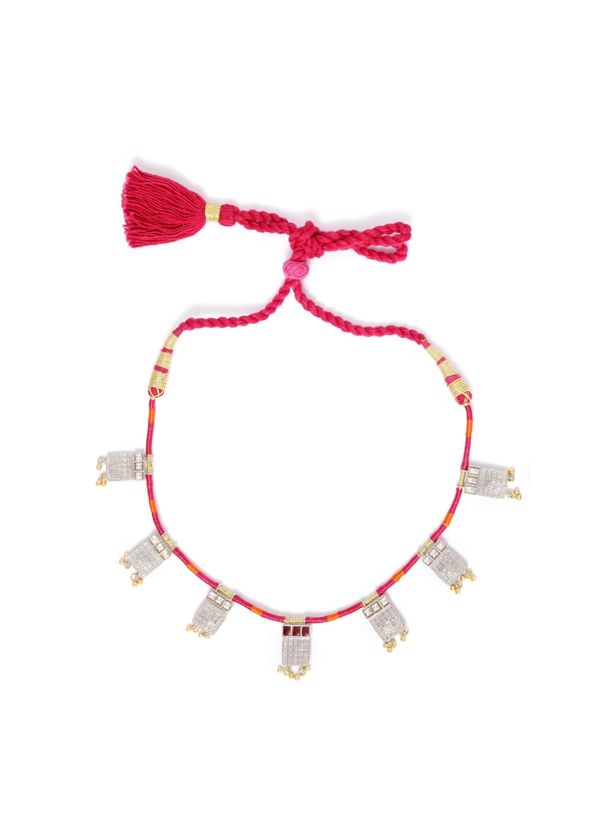 Banjara necklace in 92.5 Sterling Silver with Jadau Polki, ghunghroo with thread string.
