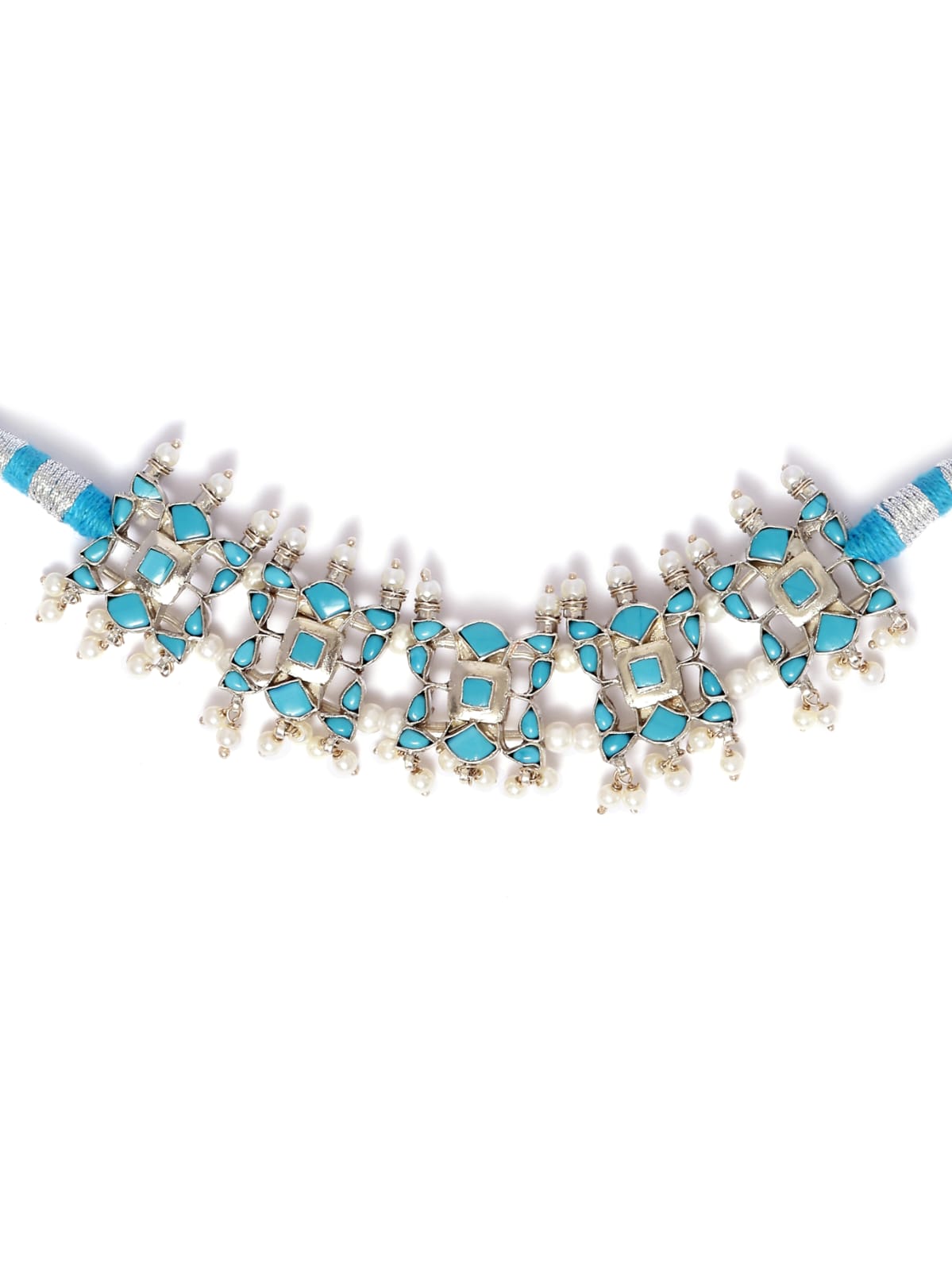 Neela choker in 92.5 Sterling Silver with Recon Turquoise stones in Pearl drops with blue and Silver sarafa closure.
