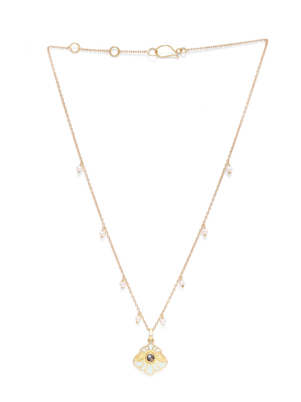 Flower enamel pendant set in 92.5 Sterling silver, strung with pearls in
S-hook closure, stacking chain.