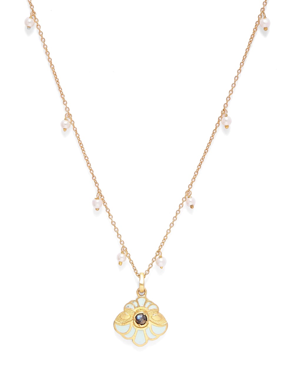 Flower enamel pendant set in 92.5 Sterling silver, strung with pearls in
S-hook closure, stacking chain.