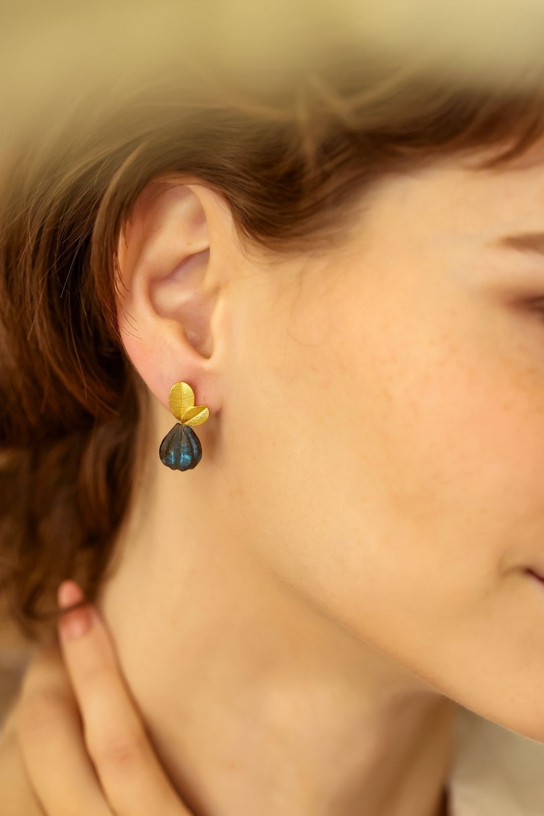 Labradorite carved drop earrings in 92.5 Sterling Silver with hand-carved Labradorite stones in Push-Post closure dipped in 18 karat Gold plating.