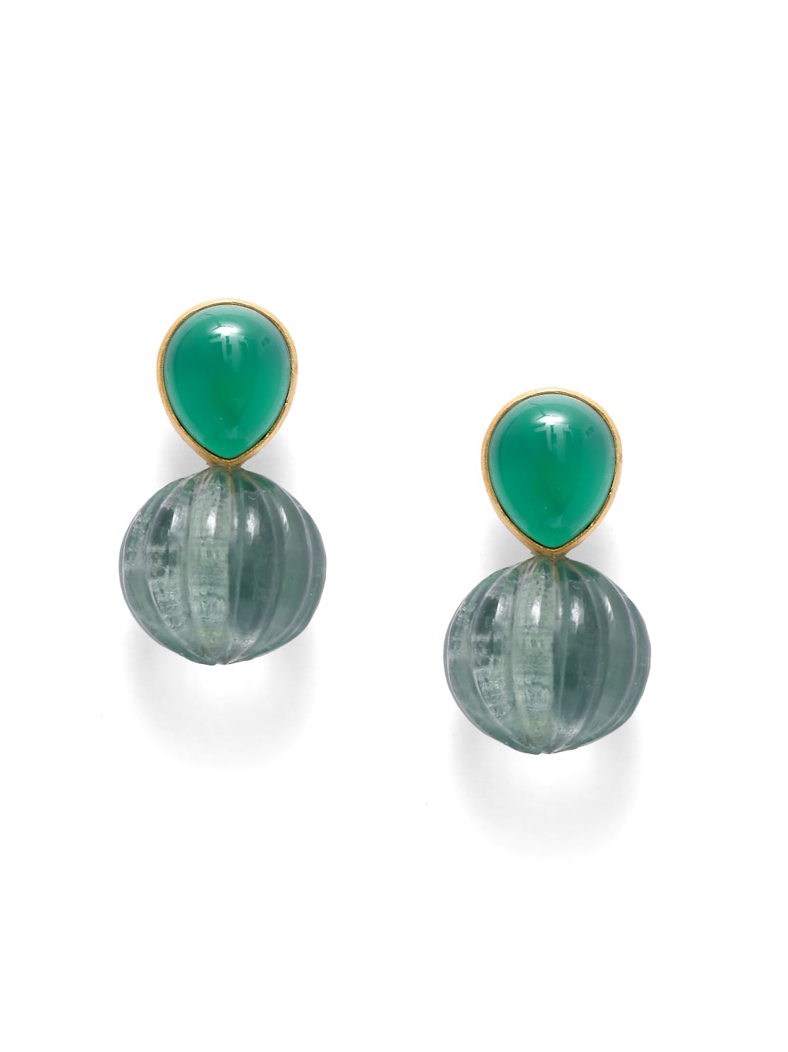 Bahaar earrings in 92.5 Sterling Silver with green Onyx and labradorite carved drops, dipped in 18 karat gold plating.