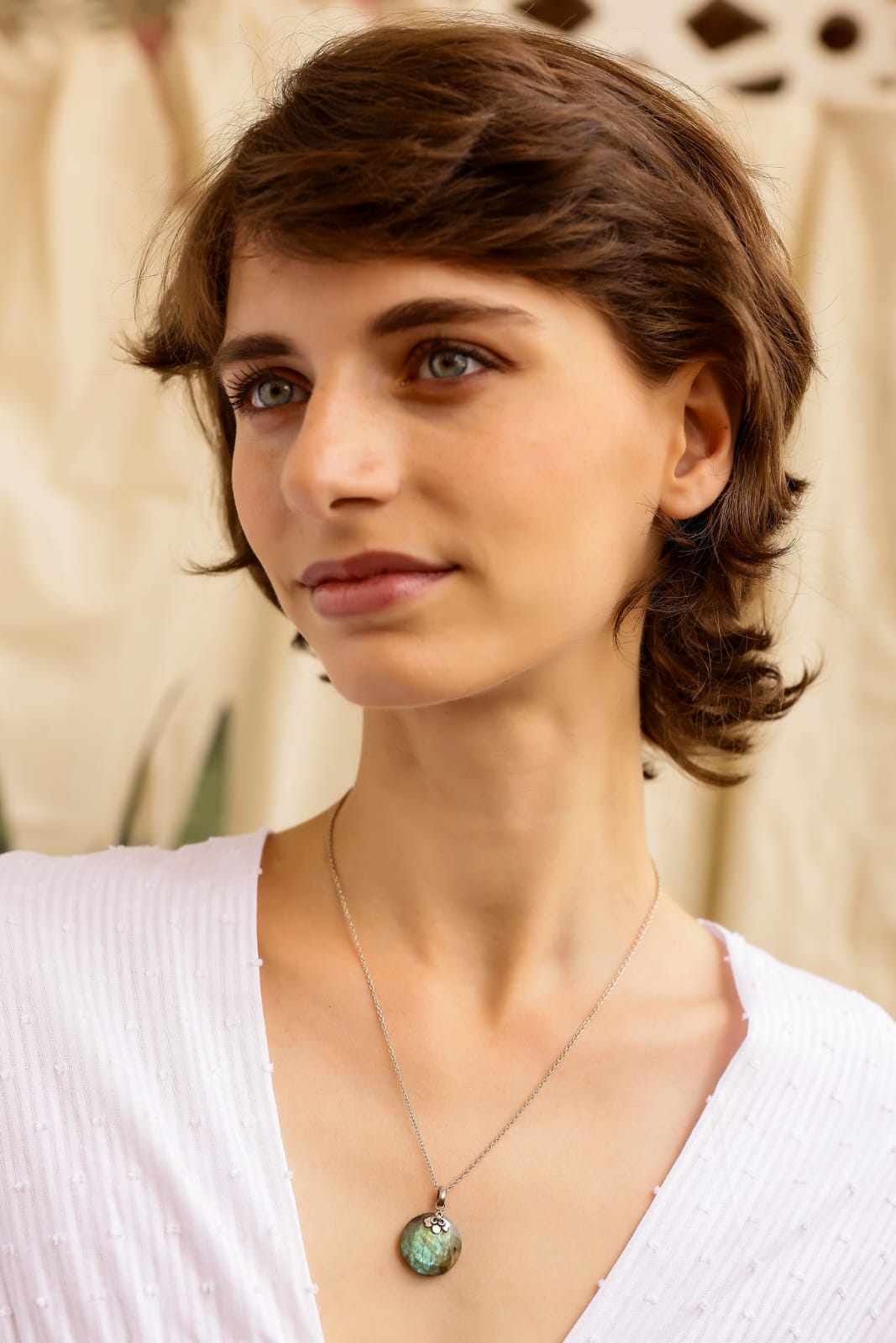 Labradorite pendant, set in 92.5 Sterling Silver, S-hook closure, stacking chain.