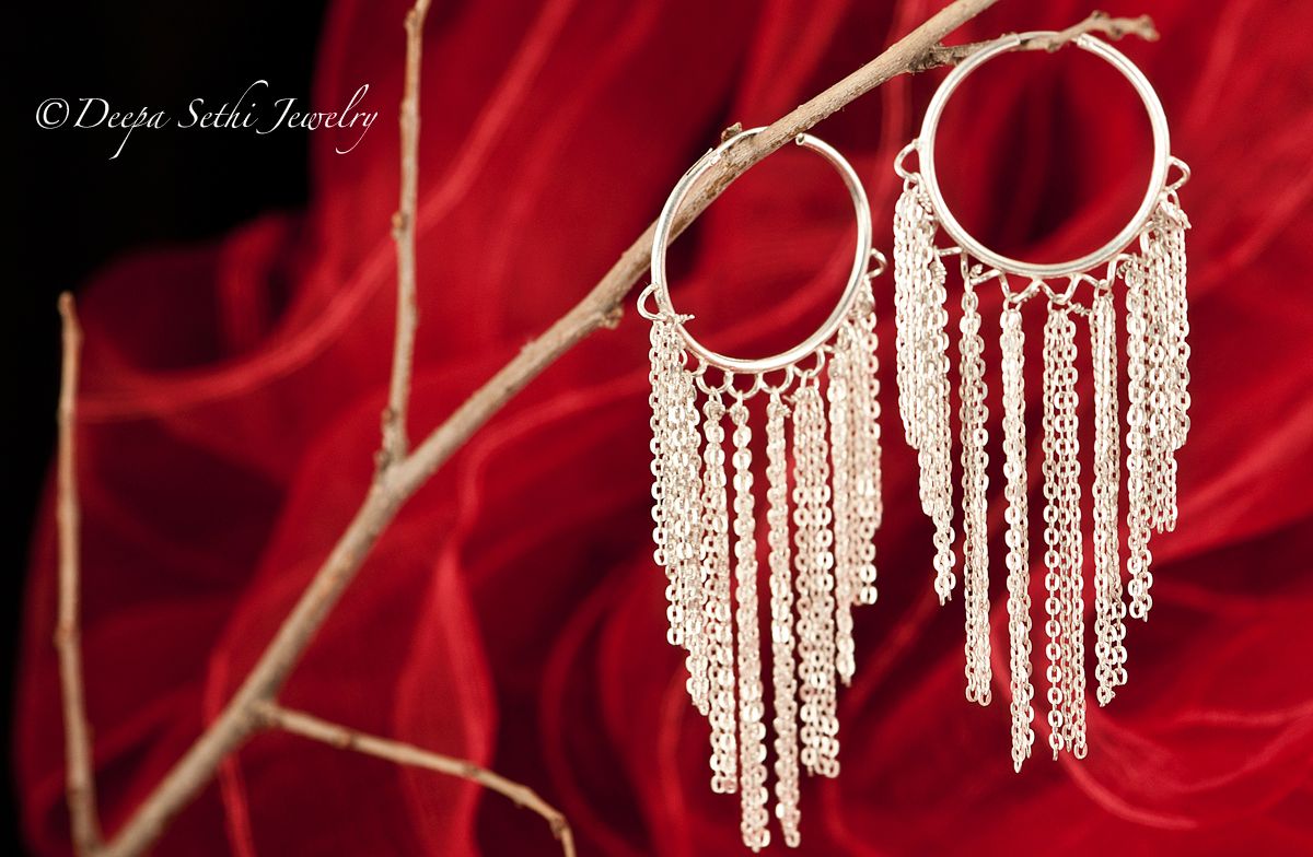 Handcrafted Jhaalar earrings in 92.5 Sterling Silver with Silver Hoops and Chain.