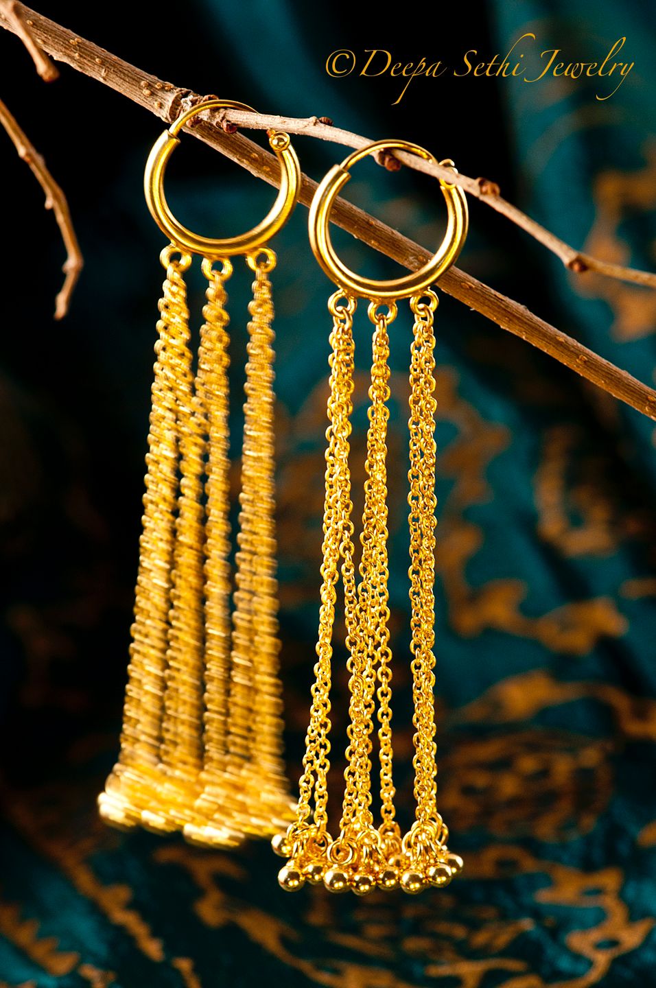 Handcrafted Varsha earrings in 92.5 Sterling Silver in hoops with chains.