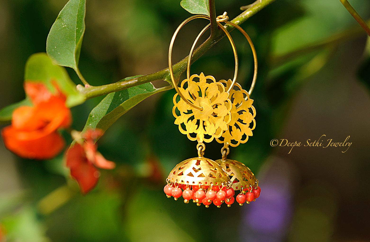 Handcrafted Mohak earrings in 92.5 Sterling Silver Jhumka with hoops and coral heads.
