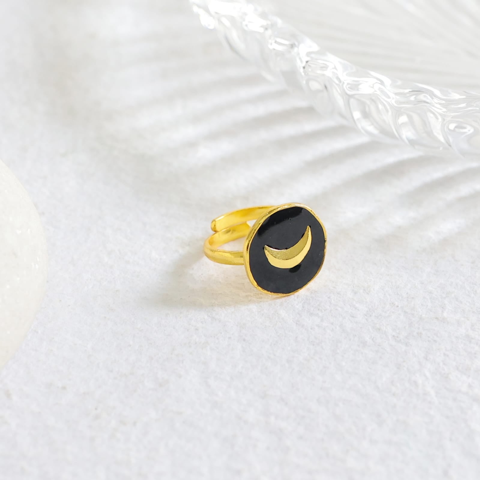Chand Meena ring in 92.5 Sterling Silver dipped in 1 micron Gold motif with black enamelling, adjustable.