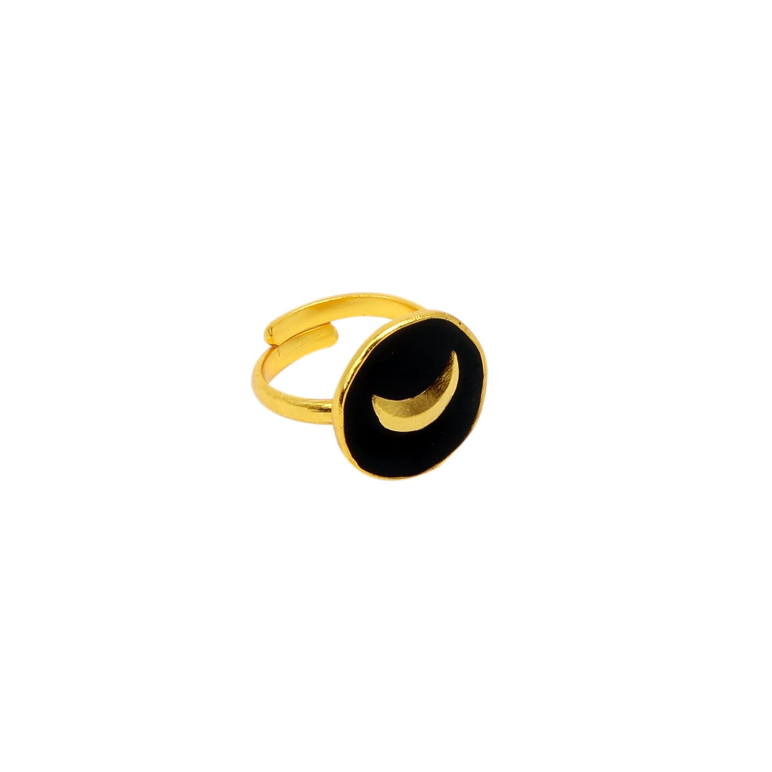 Chand Meena ring in 92.5 Sterling Silver dipped in 1 micron Gold motif with black enamelling, adjustable.