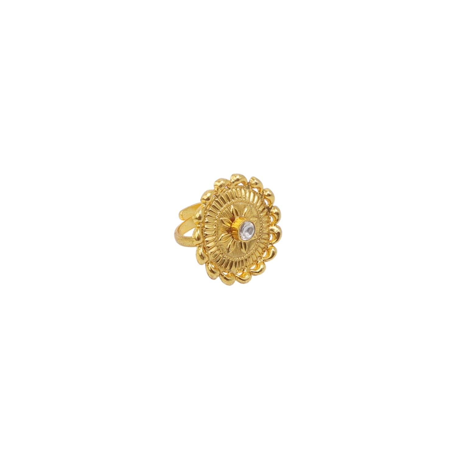 Chand Meena ring in 92.5 Sterling Silver in 1 micron Gold motif with Billor-Polki, adjustable.