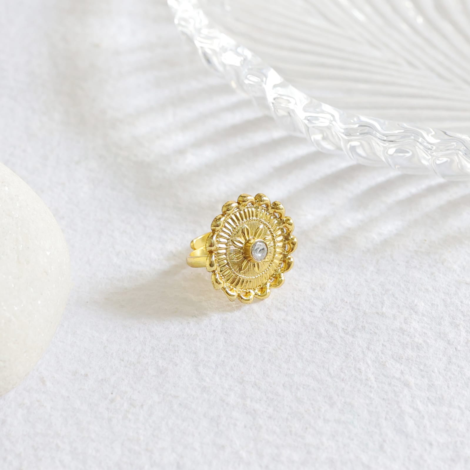 Chand Meena ring in 92.5 Sterling Silver in 1 micron Gold motif with Billor-Polki, adjustable.