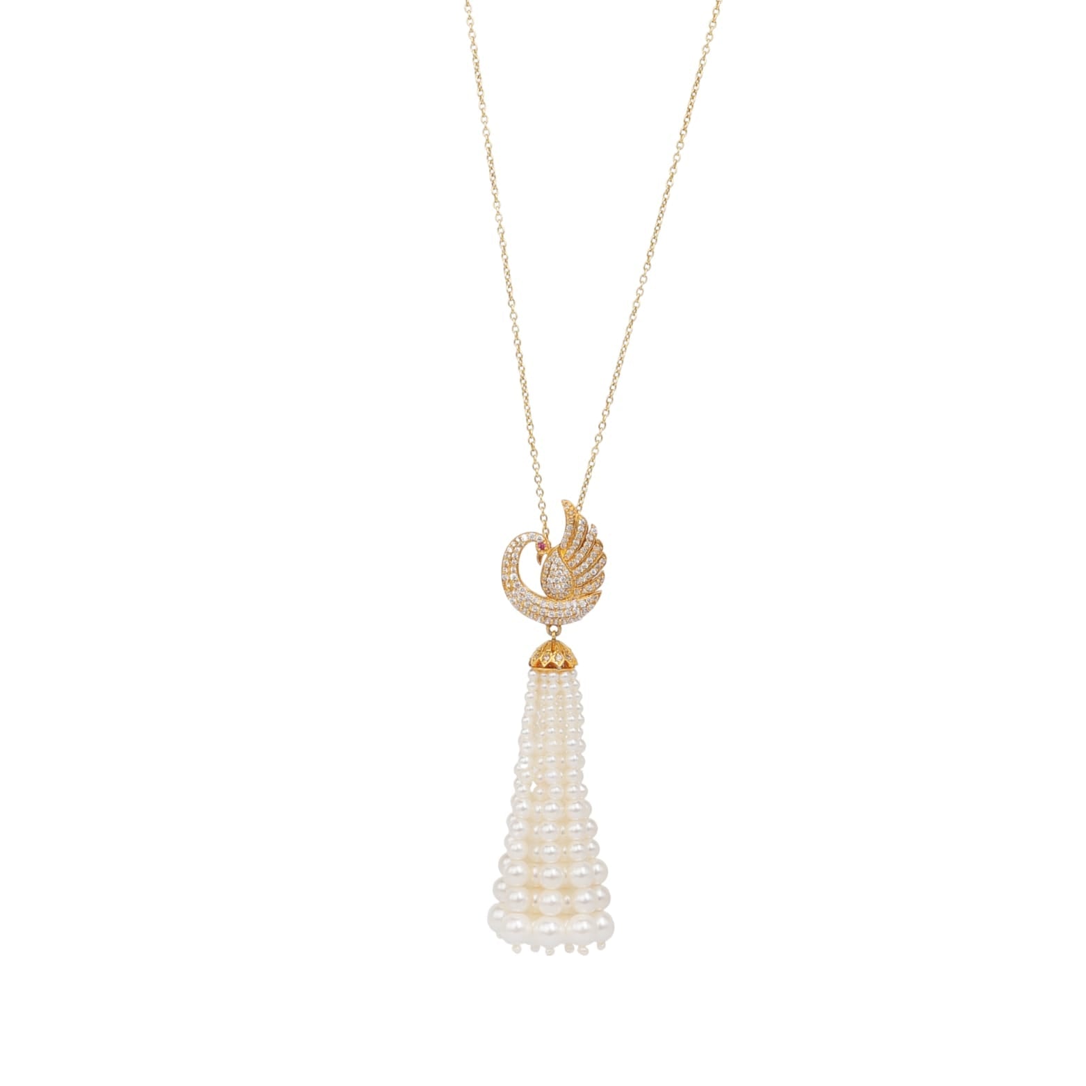 Mayur tassel chain necklace in 92.5 Sterling Silver Motif with 1 micron Gold plating, Tassels in Pearls.