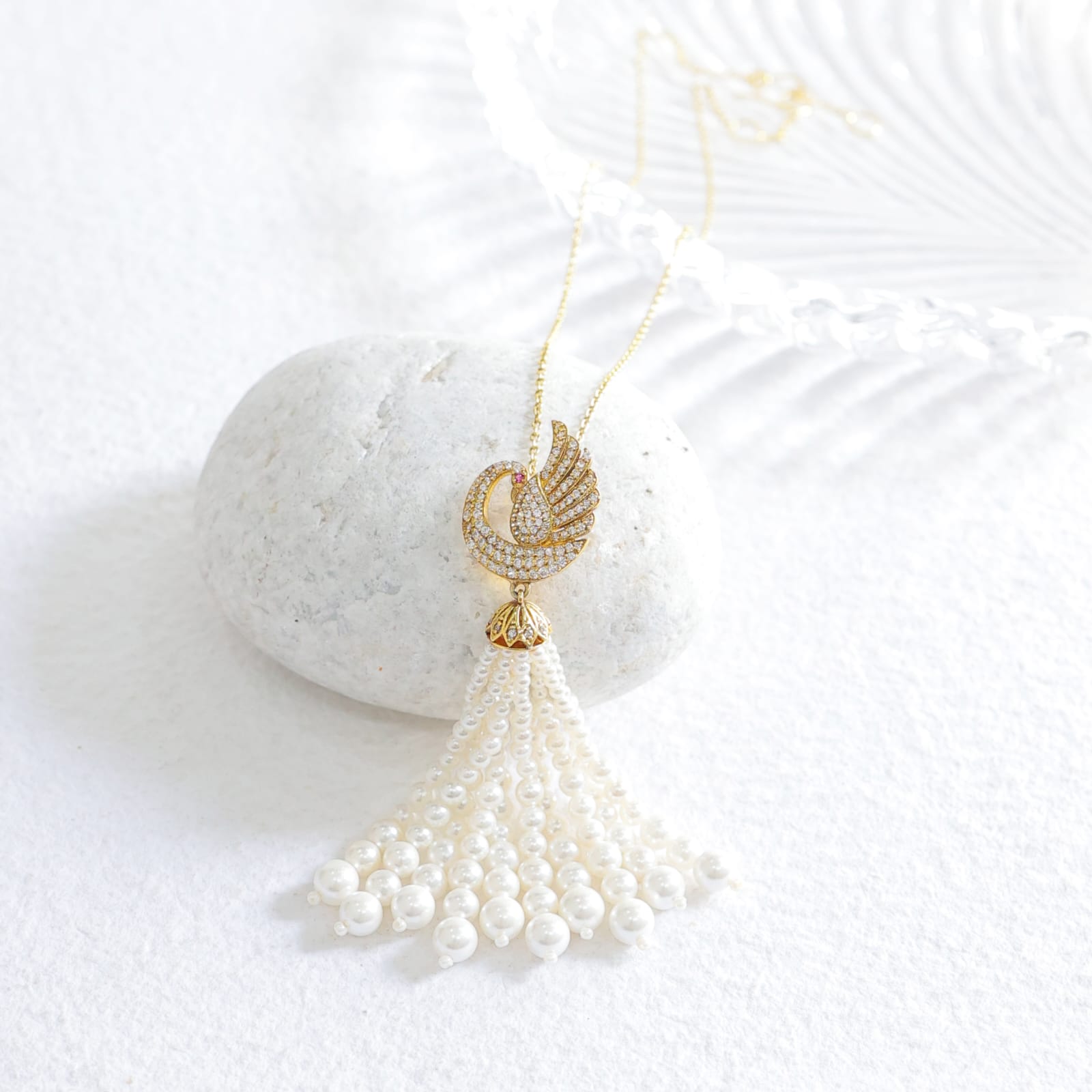 Mayur tassel chain necklace in 92.5 Sterling Silver Motif with 1 micron Gold plating, Tassels in Pearls.