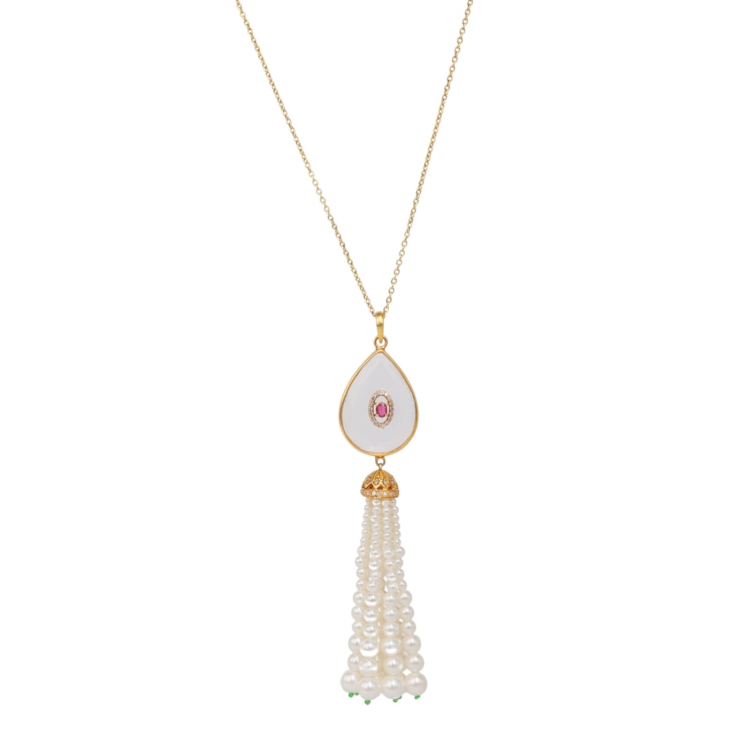 Crystal tassel chain necklace in 92.5 Sterling Silver motif with 1 micron Gold plating, Tassels in Pearls.