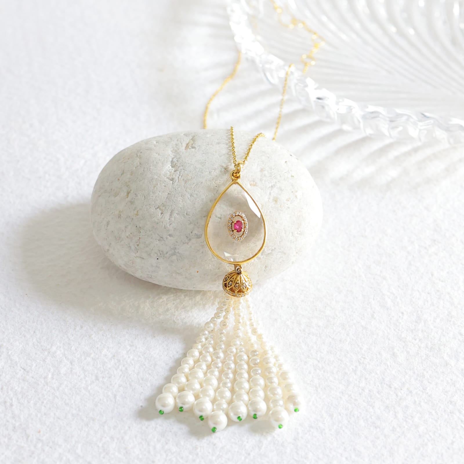 Crystal tassel chain necklace in 92.5 Sterling Silver motif with 1 micron Gold plating, Tassels in Pearls.
