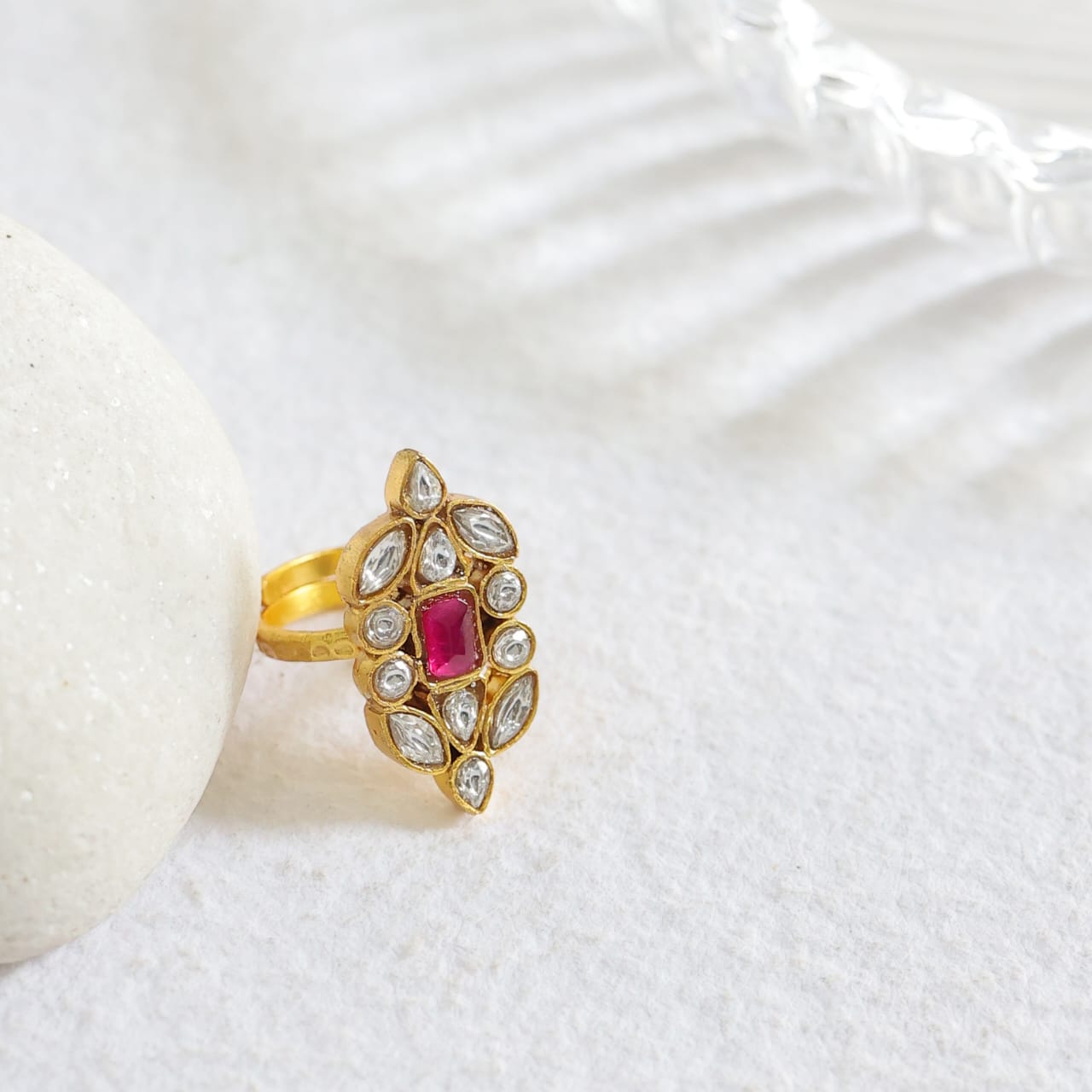 Parveen Ring in 92.5 Sterling Silver handcrafted in 1 micron Gold plating Jadau-Polki ring, adjustable.