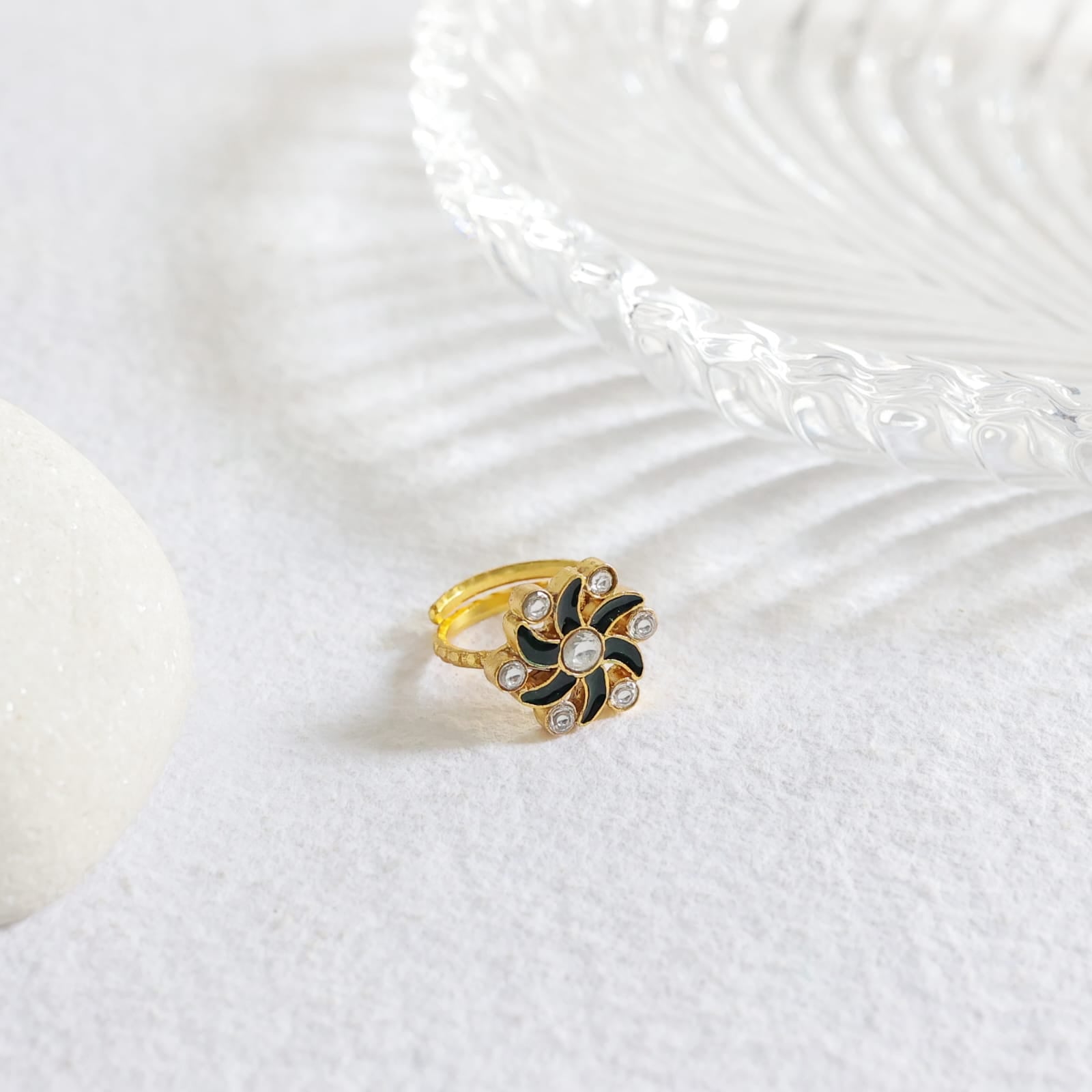 Mehar Ring in 92.5 Sterling Silver, handcrafted and dipped in 1 micron Gold plating in Jadau-Enamel. Size- made to order.