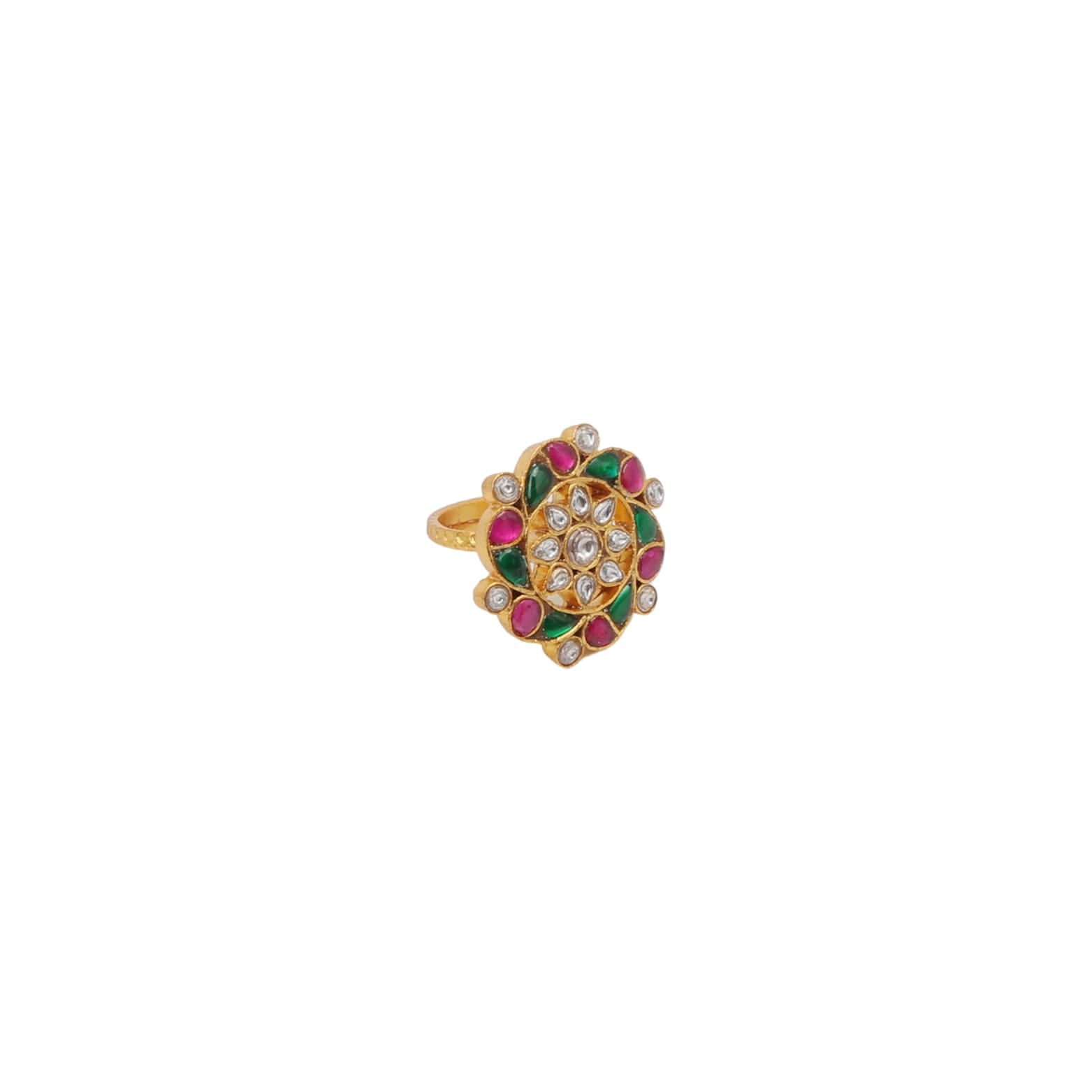 Shama Ring in 92.5 Sterling Silver handcrafted and dipped in 1 micron Gold plating with Jadau-Polki, adjustable.