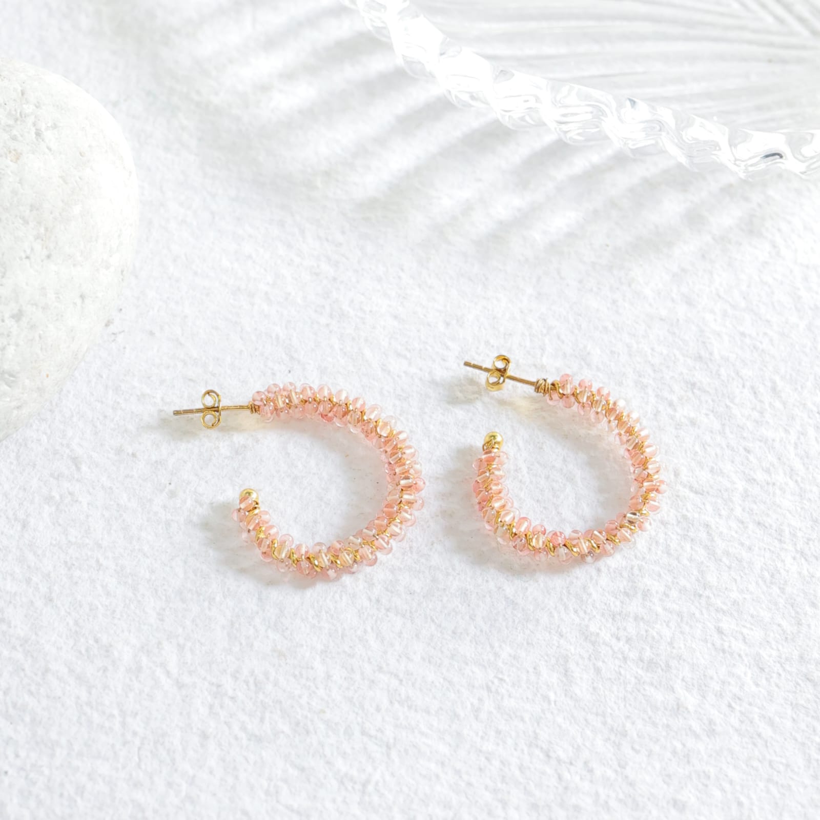 Mallika hoops in 92.5 Sterling Silver handcrafted and dipped in 1 micron Gold plating with semi-precious stones, beaded hoops.