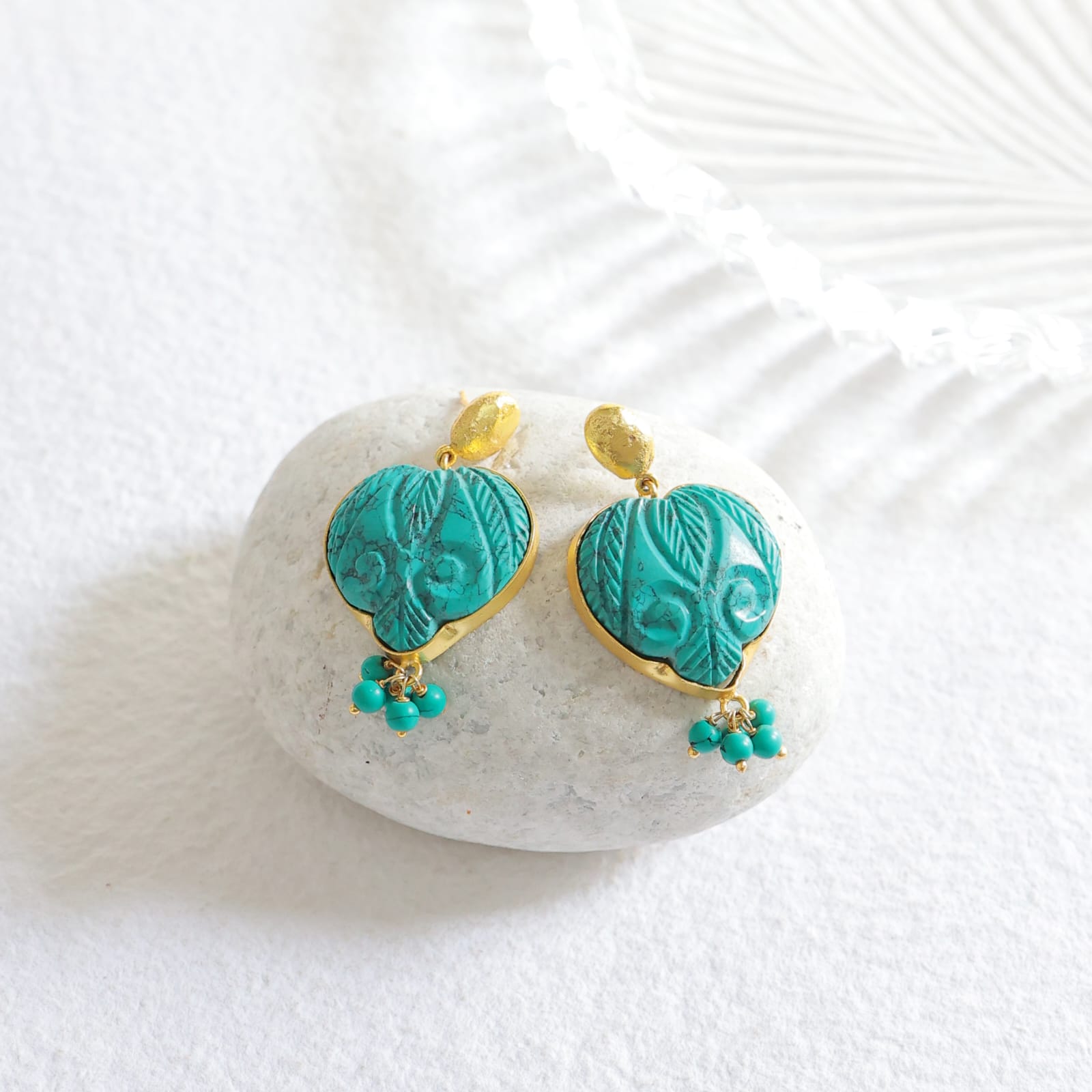 Dilruba Earrings in 92.5 Sterling Silver handcrafted and dipped in 1 micron Gold plating carved in Turquoise and beads.
