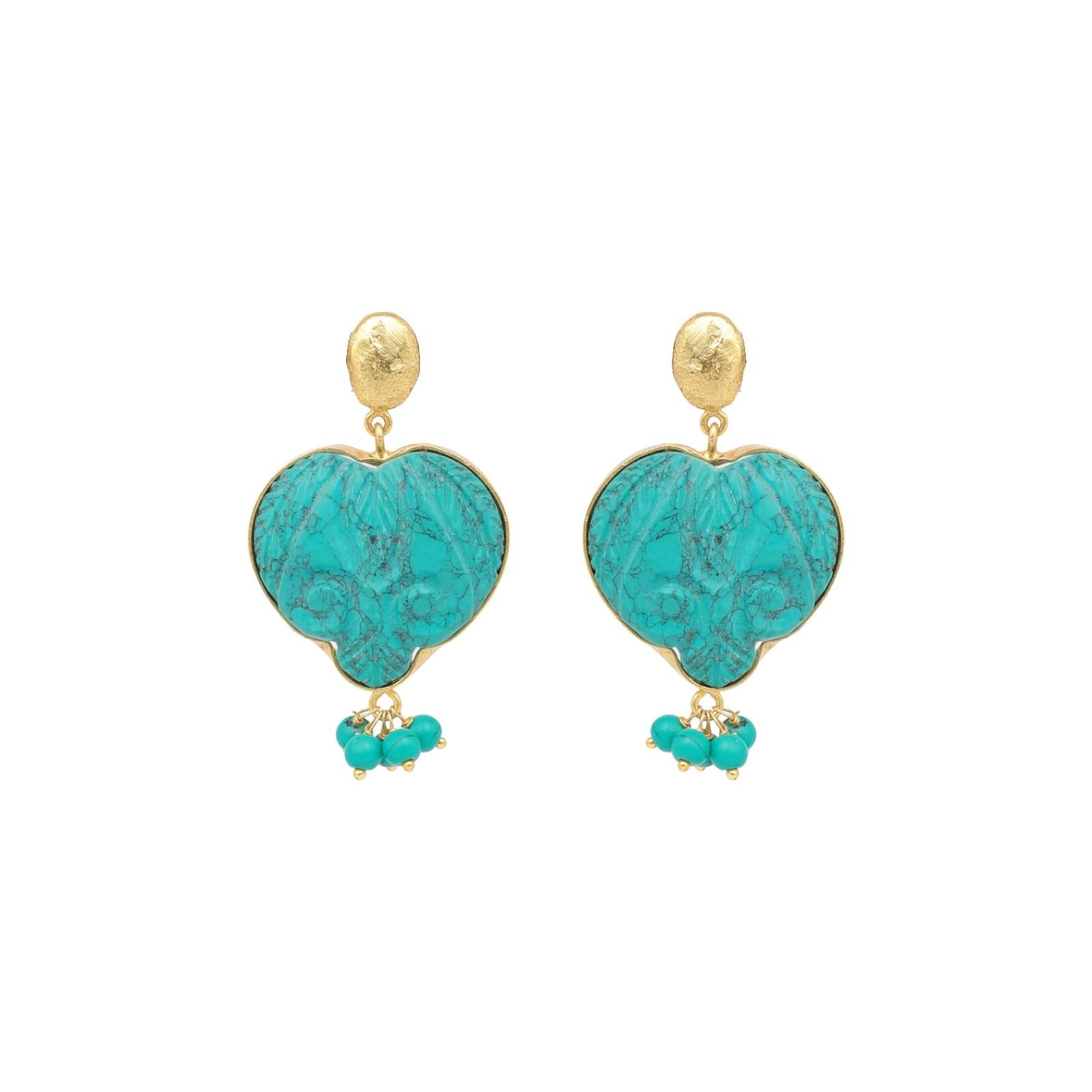 Dilruba Earrings in 92.5 Sterling Silver handcrafted and dipped in 1 micron Gold plating carved in Turquoise and beads.