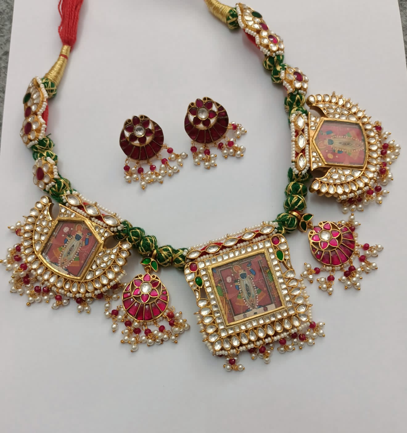 God necklace with earrings in 92.5 Sterling Silver necklace with miniature Billor-Polki and Pearls.