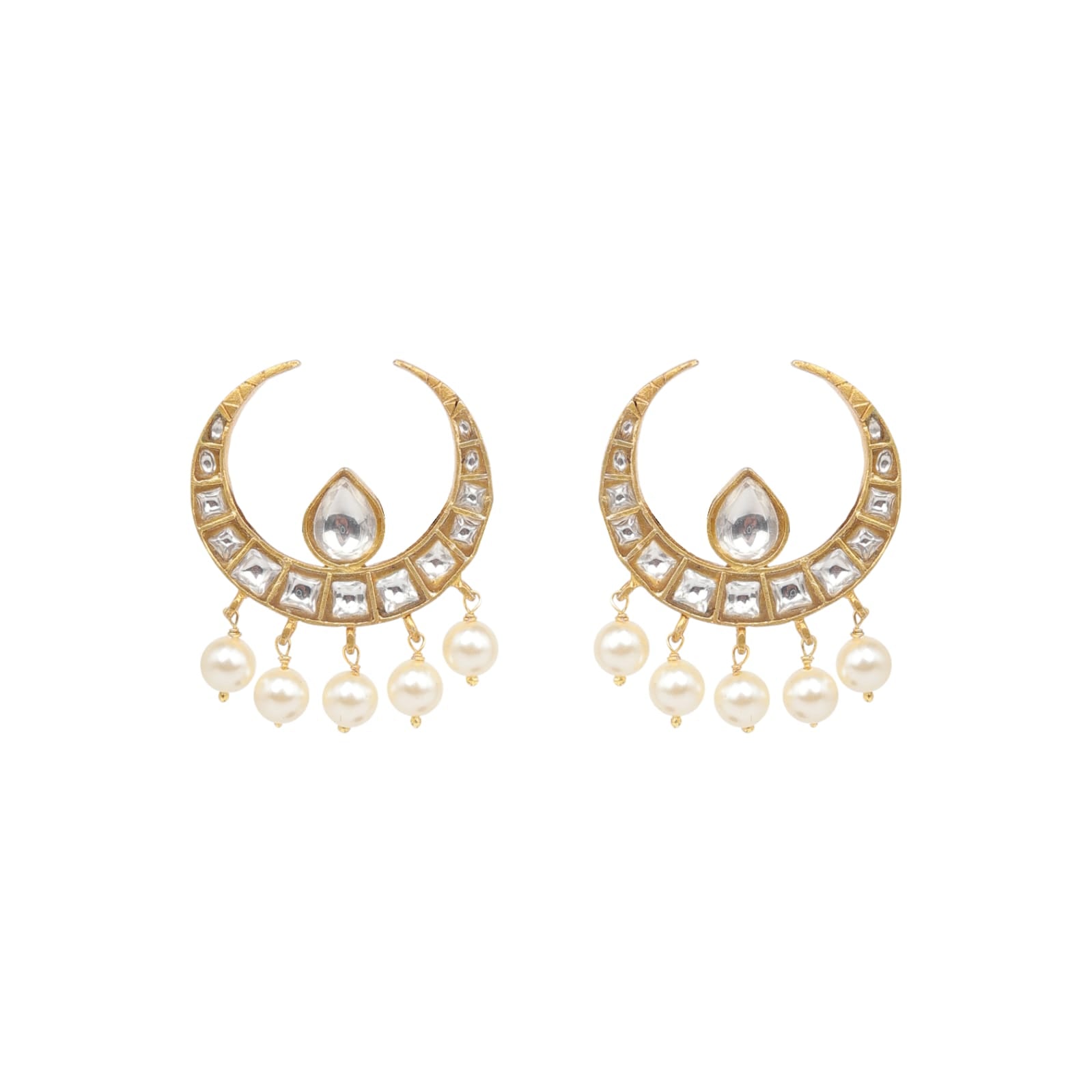 Hoor Earrings in 92.5 Sterling Silver handcrafted and dipped in 1 micron Gold plating with Jadau-Polki Pearls studs.