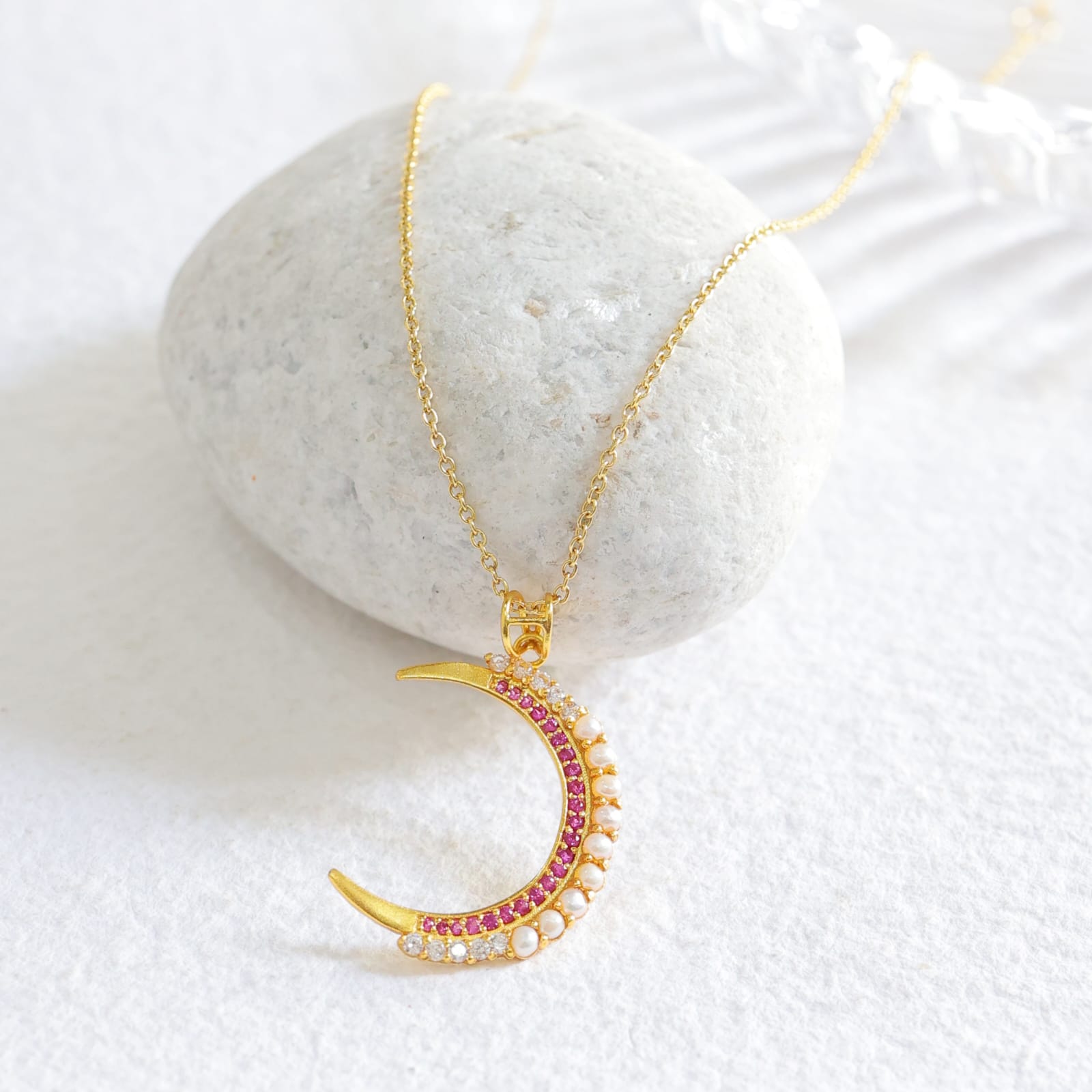 Aaftab Necklace in 92.5 Sterling Silver handcrafted and dipped in 1 micron Gold plating with Pearls in a fine setting.