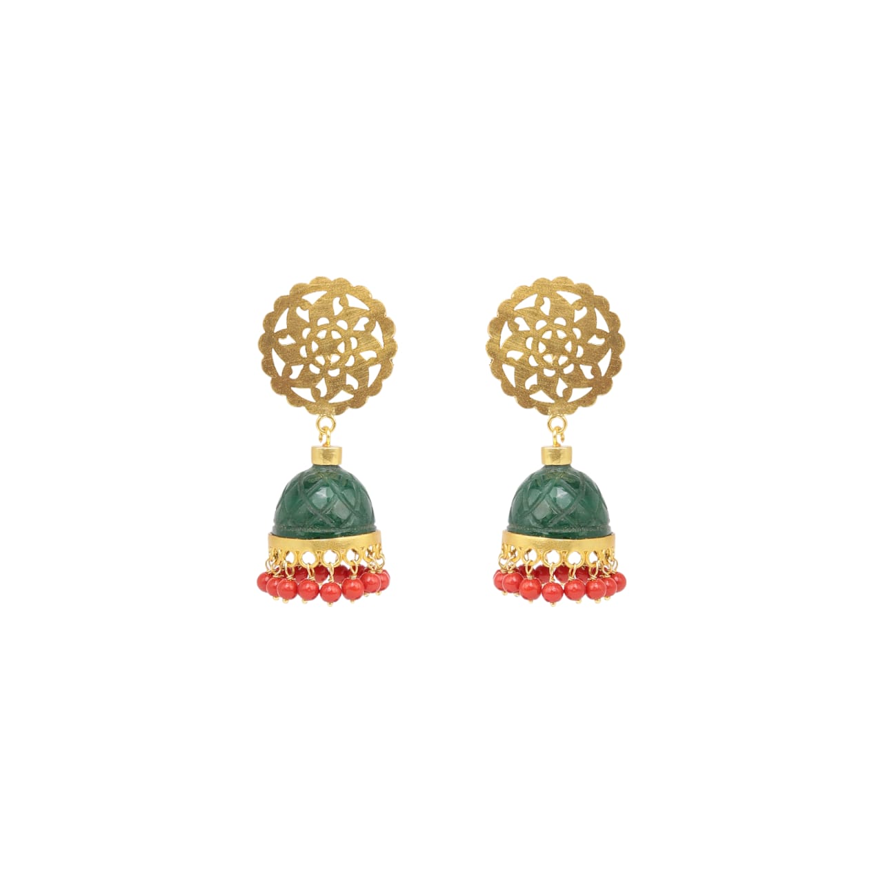 Hiyaan Jhumka in 92.5 Sterling Silver handcrafted and dipped in 1 micron Gold plating with green Onyx dome Jhumka with red Quartz.