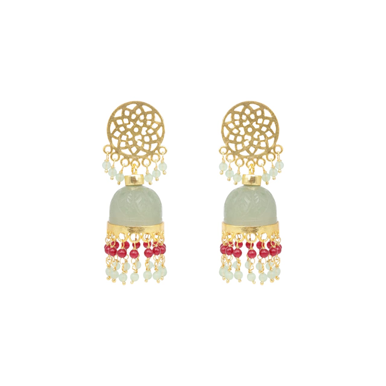 Shazia Jhumka in 92.5 Sterling Silver handcrafted and dipped in 1 micron Gold with grapes Aventurine fome with grapes Aventurine beads.