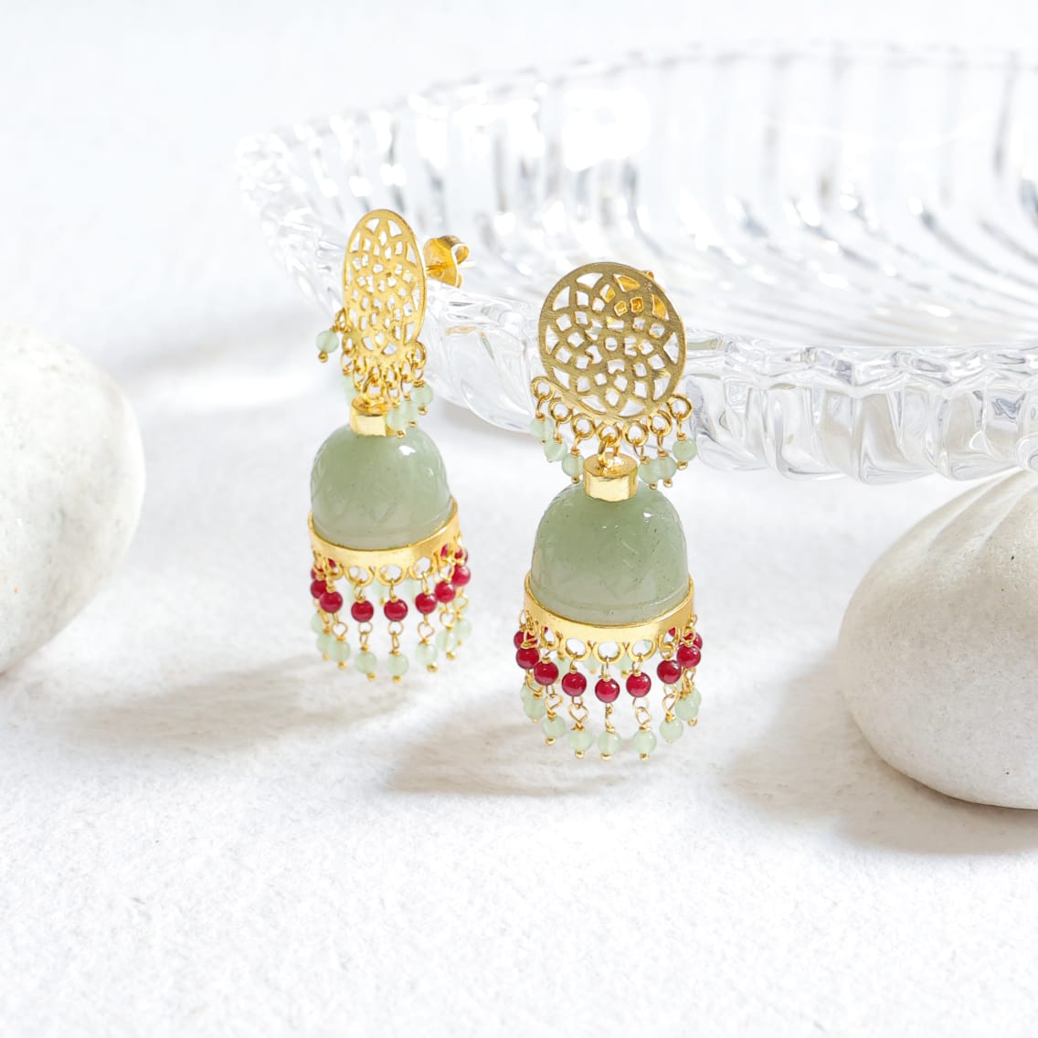 Shazia Jhumka in 92.5 Sterling Silver handcrafted and dipped in 1 micron Gold with grapes Aventurine fome with grapes Aventurine beads.