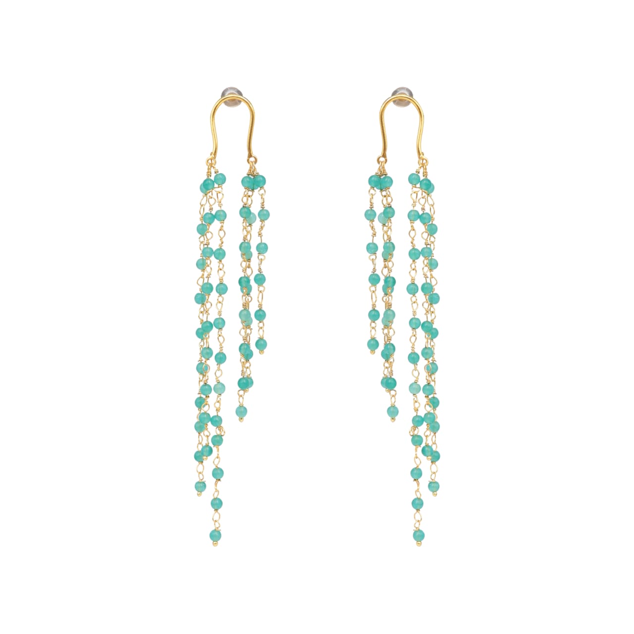 Jhilmil Earrings in 92.5 Sterling Silver handcrafted and dipped in 1 micron Gold plating with green Quartz beads.