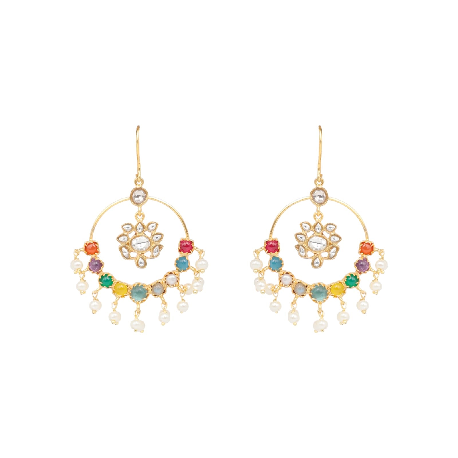 Navgrah earrings in 92.5 Sterling Silver handcrafted and dipped in 1 micron Gold plating with Navratna Polki hoops.