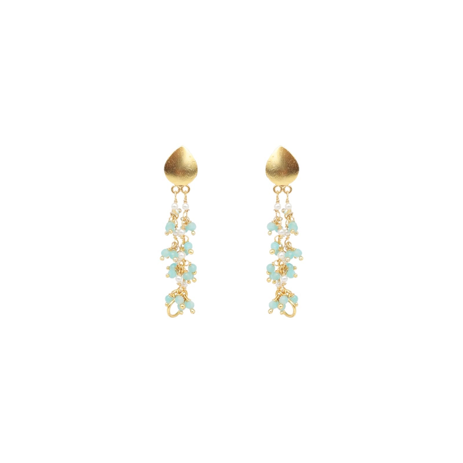 Fiza earrings in 92.5 Sterling Silver handcrafted and dipped in 1 micron Gold plating with Aquacalcydony beads.